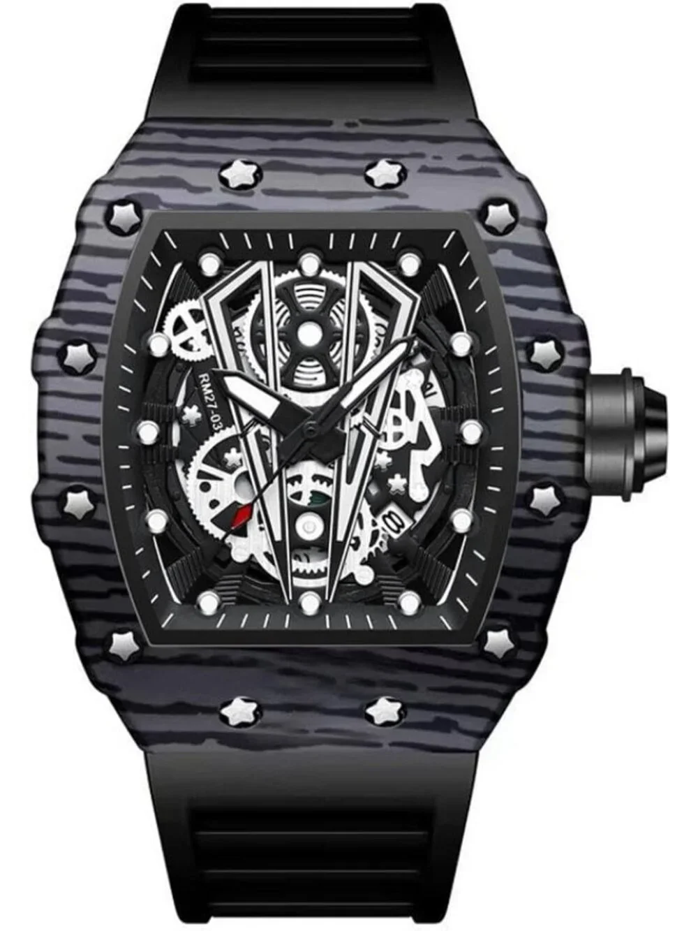 Men's All Black Analog Quartz Silicone Strap Barrel-Shaped Skeleton Luxury Watch